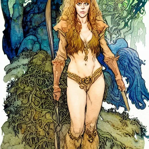 Image similar to a realistic and atmospheric watercolour fantasy character concept art full body image of a young jane fonda in her 2 0 s as a druidic warrior wizard looking at the camera with an intelligent gaze by rebecca guay, michael kaluta, charles vess and jean moebius giraud