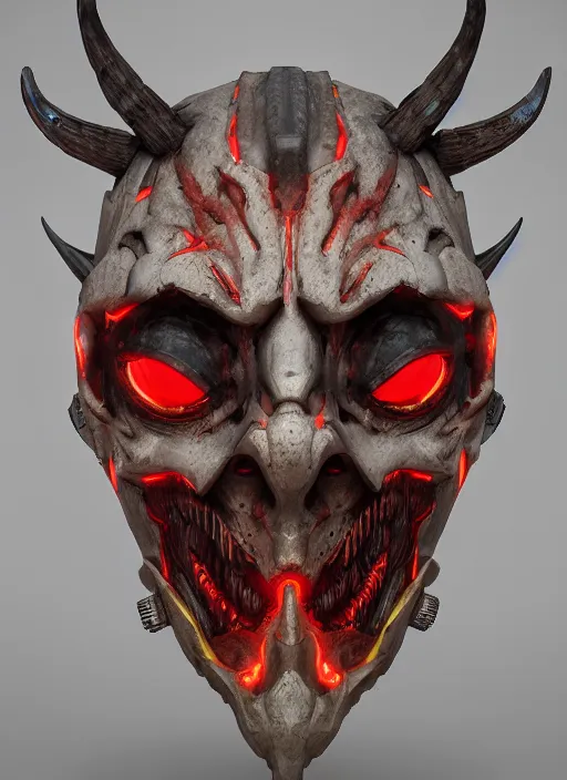 Prompt: 3 d render of a demon cyberpunk mask, au naturel, hyper detailed, digital art, trending in artstation, cinematic lighting, studio quality, smooth render, unreal engine 5 rendered, octane rendered, art style by klimt and nixeu and ian sprigger and wlop and krenz cushart riot arcane overwatch