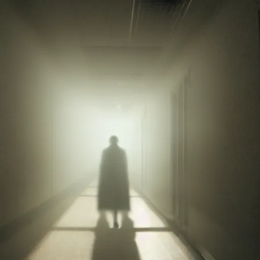 Prompt: dolly zoom stretch shot of a impossibly long hallway, moody lighting, smoke effects, strobe lights, particle effects, atmospheric - h 6 4 0