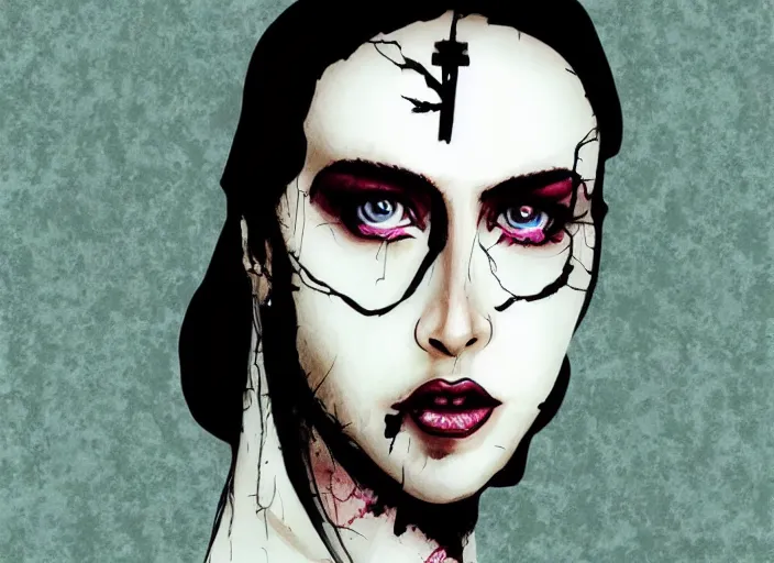 Prompt: beautiful pale gothic maiden killing Nicolas Cage, illustration