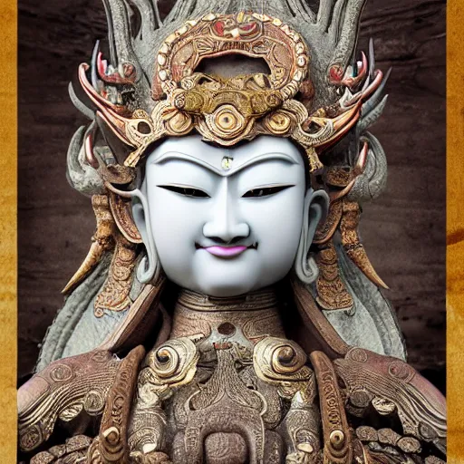 Image similar to naraka buddhist demon korean female, highly detailed, symmetrical long head, smooth marble surfaces, detailed ink illustration, raiden metal gear, cinematic smooth stone, deep aesthetic, concept art, post process, 4 k, carved marble texture and silk cloth, latex skin, highly ornate intricate details, in the style of 8 8 grzes