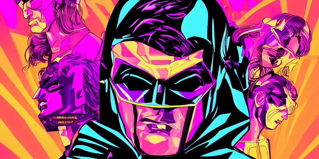 Image similar to vaporwave, vector graphics, batman cowl, portrait, synthwave, neon