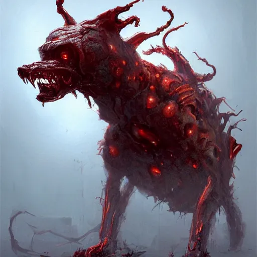 Prompt: concept art by greg rutkowski, dog - shaped monster made of twisted flesh and reddish ooze, roaming the colony, looking rabid, in a claustrophobic, futuristic and brutalist environment, frightening and creepy atmosphere, scifi, highly detailed portrait, digital painting, artstation, concept art, smooth, sharp foccus ilustration, artstation hq