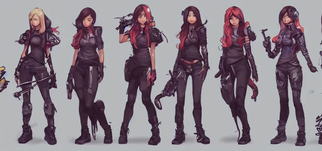 Prompt: character sheet concept art of female video game characters, unique hairstyles, cute casual streetwear, by marc brunet and artgerm