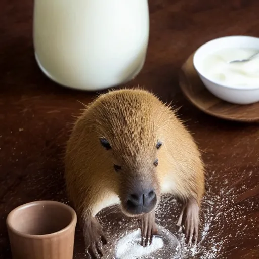 Prompt: capybara drowning in a bowl of milk and cereal