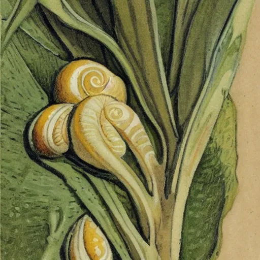 Prompt: snails in their shell by Maurice Denis, close-up, botanical illustration