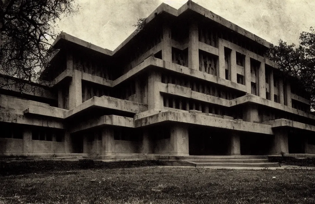 Image similar to symbolic intact flawless ambrotype from 4 k criterion collection remastered cinematography gory horror film, ominous lighting, evil theme wow photo realistic postprocessing prussian film wanders in disconsolate disarray grand in effect and erudite in detail building by frank lloyd wright