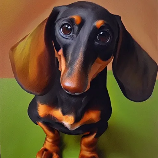 Image similar to Very happy dachshund, oil on canevas