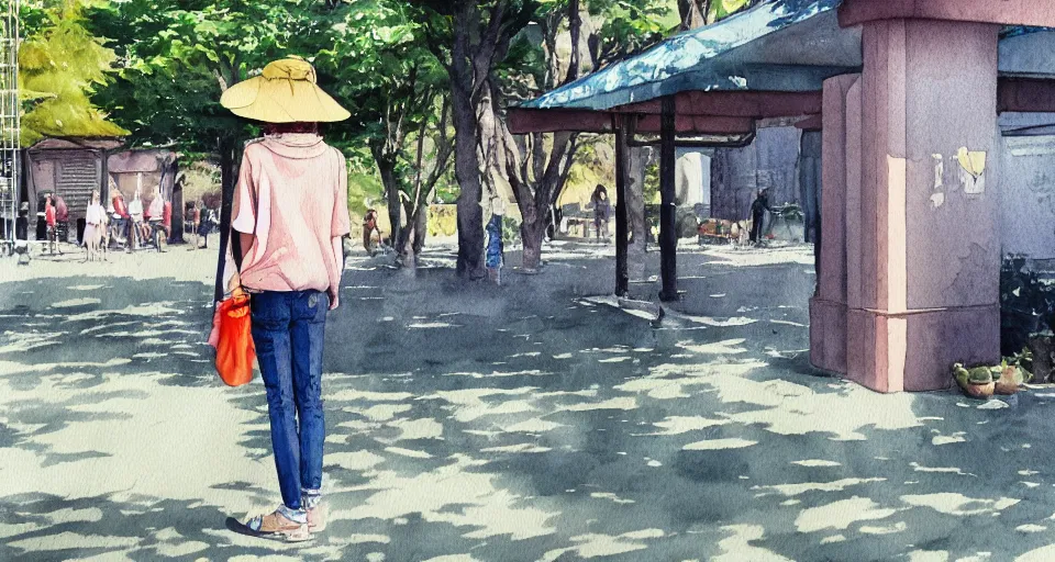 Image similar to cowgirl in bucket hat dark green skinny jeans waits at sunny blue metro bus stop watercolor studio ghibli Kazuo Oga painting urban background dappled