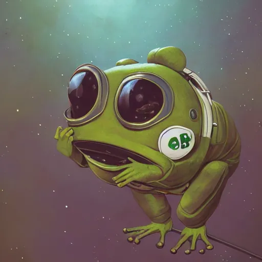 Image similar to long shot of a cute astronaut frog wearing an astronaut helmet, by esao andrews, by m. w. kaluta, by james web telescope, ultra humorous beautiful oil painting, cinematic space scenery, small depth of field, depth perception, volumetric light, rich colors, 3 d octane render, 8 k, conceptart, hyperdetailed, hyperrealistic, trending on artstation