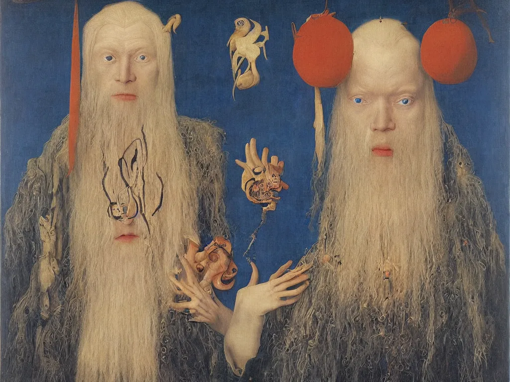 Prompt: Portrait of albino mystic with blue eyes, with beautiful exotic Siberian archaic, primitive, shamanic mask. Painting by Jan van Eyck, Audubon, Rene Magritte, Agnes Pelton, Max Ernst, Walton Ford