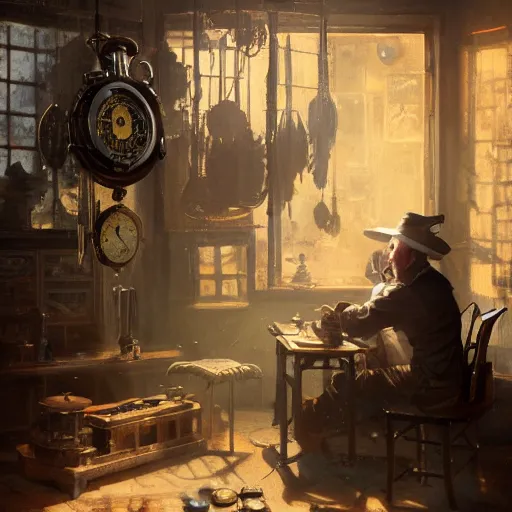 Image similar to an old watchmaker repairing an old pocket watch in a dark store, steampunk, painted by fenghua zhong and ruan jia and jeremy lipking and peter mohrbacher, mystical colors, rim light, beautiful lighting, 8 k, stunning scene, raytracing, octane, trending on artstation