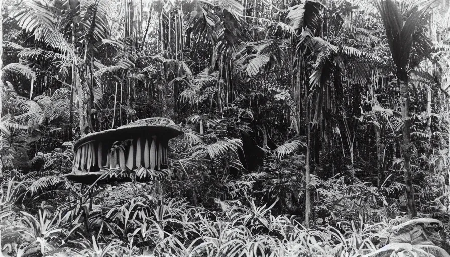 Image similar to lost film footage of a sacred object in the middle of the tropical jungle / film still / cinematic / enhanced / 1 9 2 0 s / black and white / grain