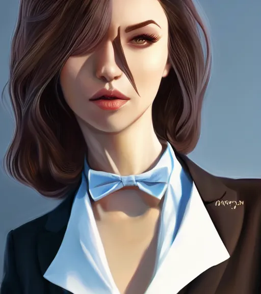 Image similar to a digital painting of a woman in a suit, a character portrait by artgerm, trending on artstation, fantasy art, ilya kuvshinov, artstation hd, artstation hq.