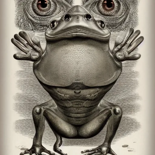 Image similar to full page antique lithograph of Anathomy of godotr, intelligent humanoid frog-like creature, White background, art print, clean brush stroke, realistic highly detailed, 8k post-processing highly detailed, rendered by octane engine, esty