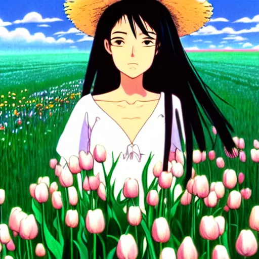 Image similar to beautiful dark skin mexican woman, dancing in a field of tulips and baby's breath, septum piercing and nose ring, prominent cheek bones, black hair and brown eyes, studio ghibli art style, art by hayao miyazaki, makoto shinkai