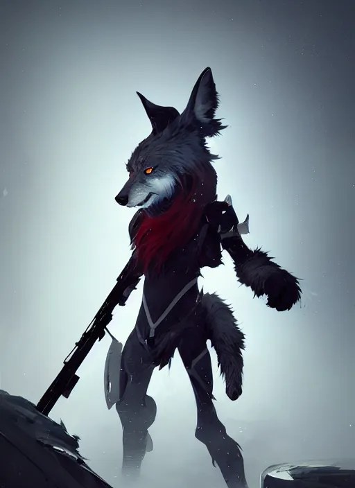 Image similar to dark gray male anthropomorphic wolf fursona, long red hair wearing destiny 2 armor and holding a sniper rifle. character design by cory loftis, fenghua zhong, ryohei hase, ismail inceoglu and ruan jia. artstation, volumetric light, highly detailed, photorealistic, fantasy, rendered in octane