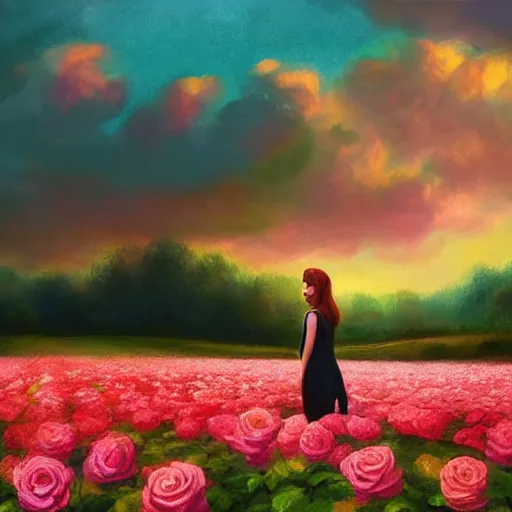 Image similar to large rose for face, girl frontal in a flower field, surreal photography, sunrise dramatic light, impressionist painting, colorful clouds, digital painting, artstation, simon stalenhag