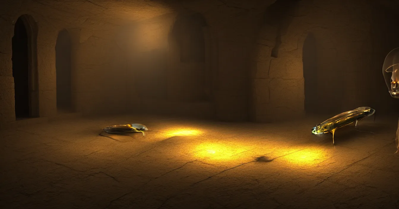 Prompt: the funeral of a famous translucent alien in ancient church, with body crawling in a transparent coffin, aliens stay around, volumetric light, dark atmosphere, dramatic view, depth, defocus, strong ambient occlusion, raytracing, raymarching, from movie by ilm, digital domain, weta digital