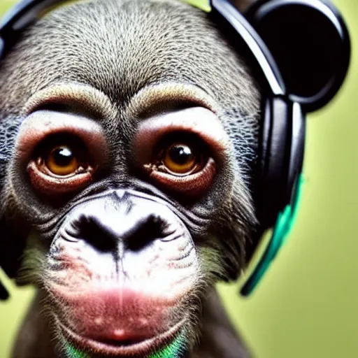 Image similar to a photo of a green chimp wearing headphones