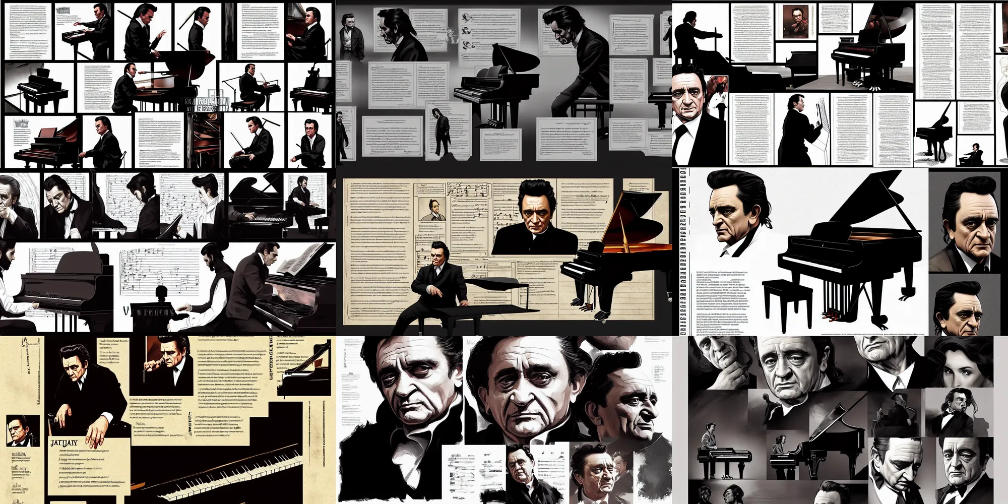 Prompt: johnny cash playing the piano, character sheet, character design, contrast, deep focus, turnaround, highly detailed, dramatic lighting, digital painting, artstation, concept art, matte, sharp focus, illustration, elegant, art by artgerm and greg f and alphonse mucha.