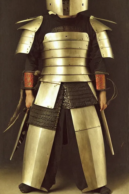Prompt: a complete set of samurai armor and helmet, by bouguereau
