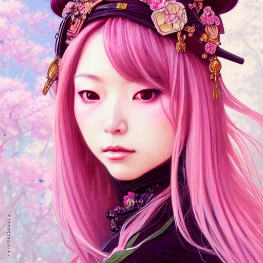 Prompt: Portrait of japanese gyaru, D&D, dark fantasy, pink hair, sakura blooming on background, intricate, elegant, highly detailed, digital painting, artstation, concept art, smooth, sharp focus, illustration, art by artgerm and greg rutkowski and alphonse mucha