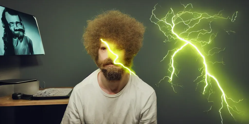 Image similar to french white man with puffy hair, mustache and a green sitting on a black chair in his room looking at the camera, photorealistic, webcam, yellow lightning