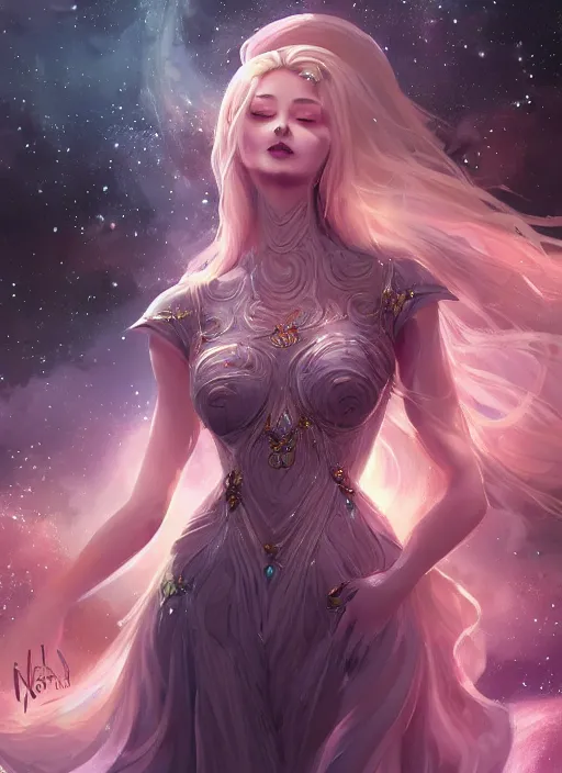 Image similar to a highly detailed illustration of elegant goddess wearing cosmic dress, elegant floating pose, beautiful detailed figure, nebula background, closed eyes smile expression, intricate, elegant, highly detailed, centered, digital painting, artstation, concept art, smooth, sharp focus, league of legends concept art, wlop