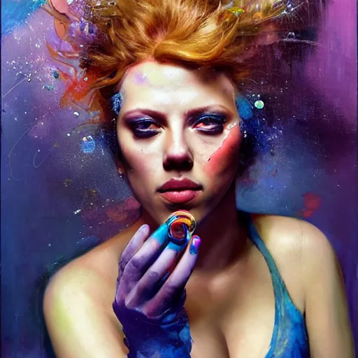 Prompt: beautiful painting of drunken scarlett johansson as delirium from sandman, one green eye and one blue eye, ( hallucinating colorful soap bubbles ), by jeremy mann, by sandra chevrier, by dave mckean and richard avedon and maciej kuciara, 1 9 8 0's, punk rock, tank girl, high detailed, 8 k