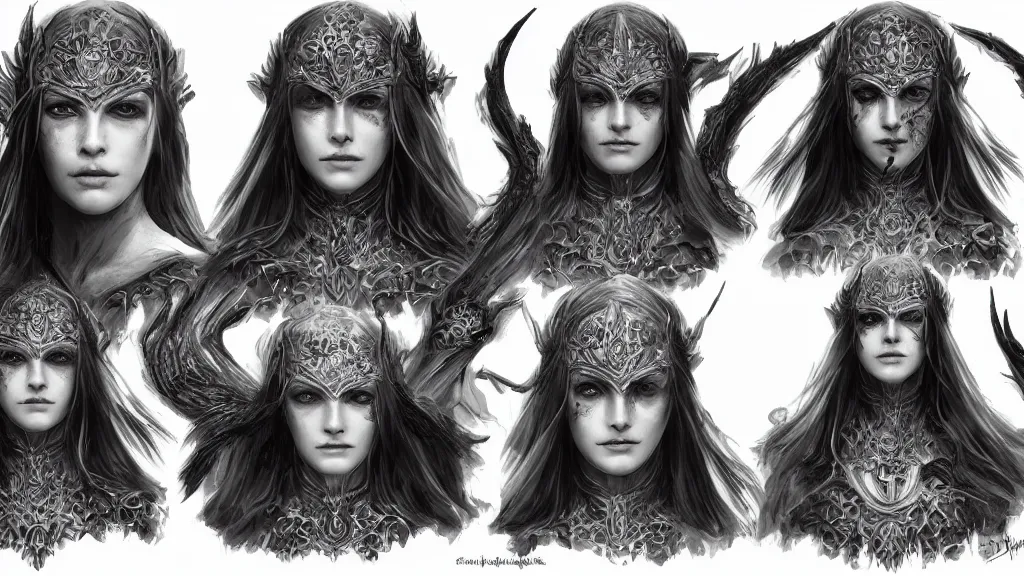 Image similar to concept art sheet, photorealistic symmetrical beautiful teenage face, symmetric eyes, female priestess with shiny hair wearing full intricate clothing, intricate, cg society, Elden Ring, darksouls, bloodborne