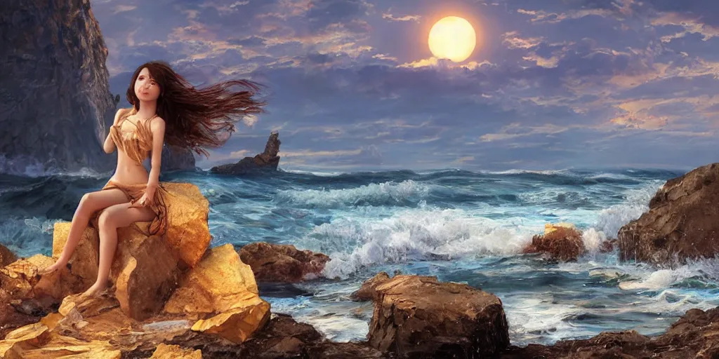 Image similar to ! dream long shot of big sun rough sea and jagged rocks nets, plastic bottles, garbage, sand and sea, with a beautiful girl on the rocks, golden hour, fantasy, hyper realistic, artstation, art by artgerm and sangsoo jeong and john william waterhouse