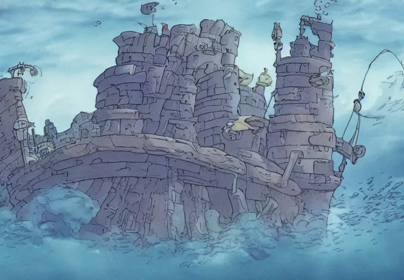 Image similar to a cell - shaded cartoon from howl'moving castle ( 2 0 0 4 ) showing stonehenge underwater at the bottom of the ocean. very dull muted colors, hd, 4 k, hq