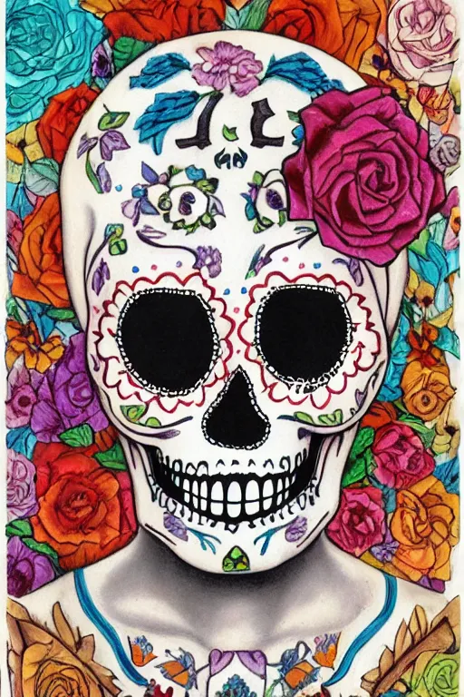 Prompt: illustration of a sugar skull day of the dead girl, art by joel sternfeld