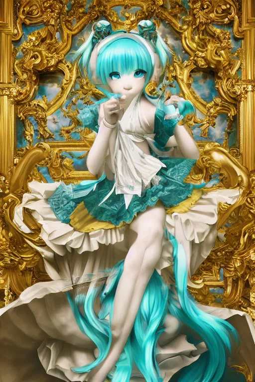 Prompt: Hatsune Miku, dramatic, elaborate emotive Baroque and Rococo styles to emphasize beauty as a transcendental, 8k image, ultra-realistic, the style of WLOP