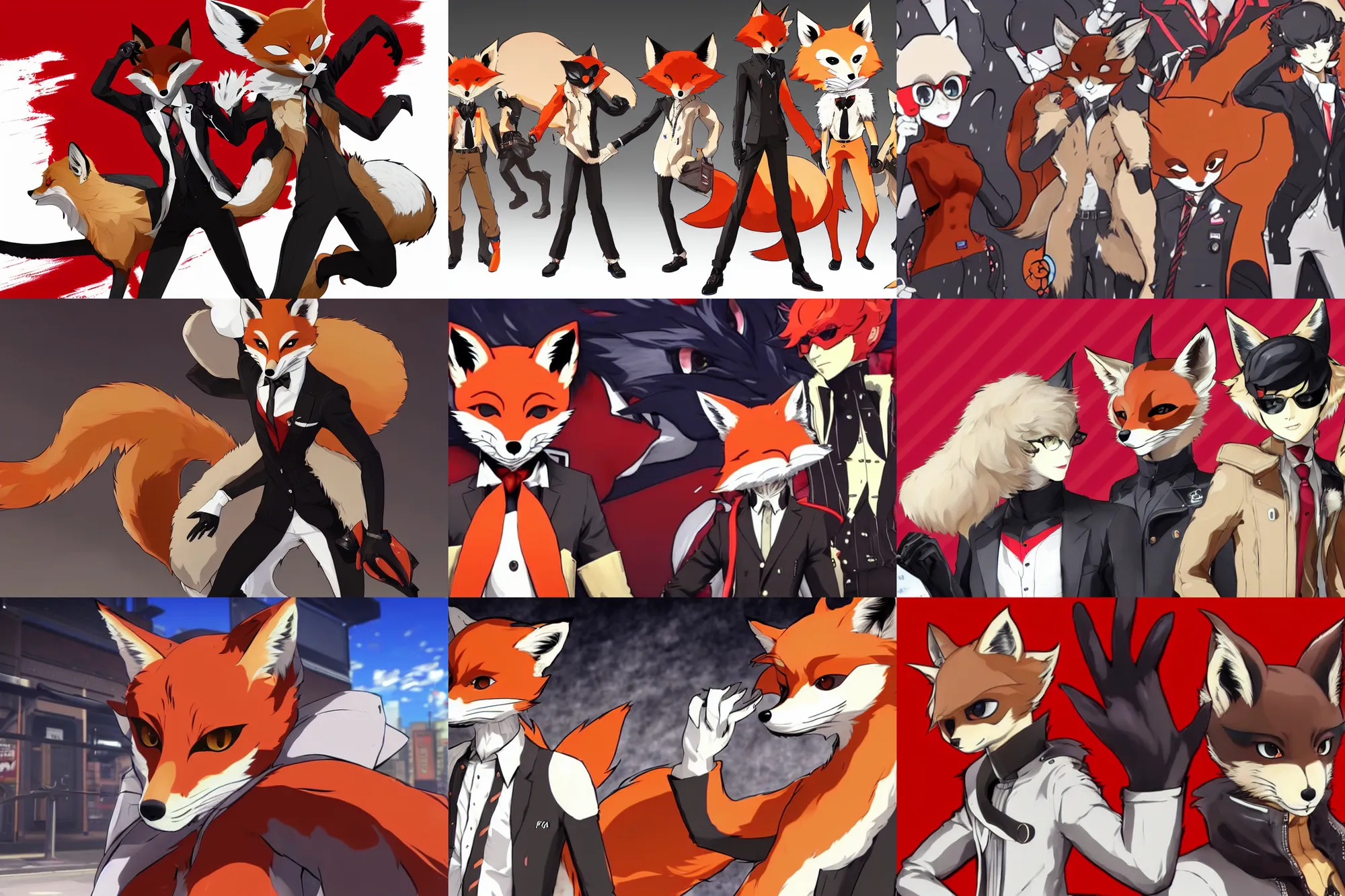 Prompt: a furry tan male fox on a persona 5 : royal ( by atlus ) video game splash screen, a furry male sandy sand - colored beige tan fur fox fursona ( has light brown hair ), persona 5 phantom thief style