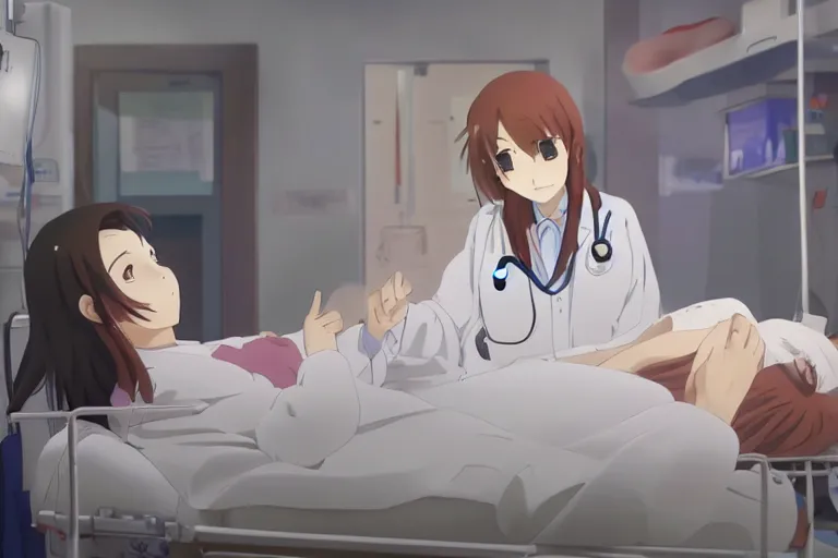 Image similar to a cute and beautiful young female doctor wearing white coat are taking care of a patient on a bed in a hospital ward, slice of life anime, lighting, anime scenery by Makoto shinkai