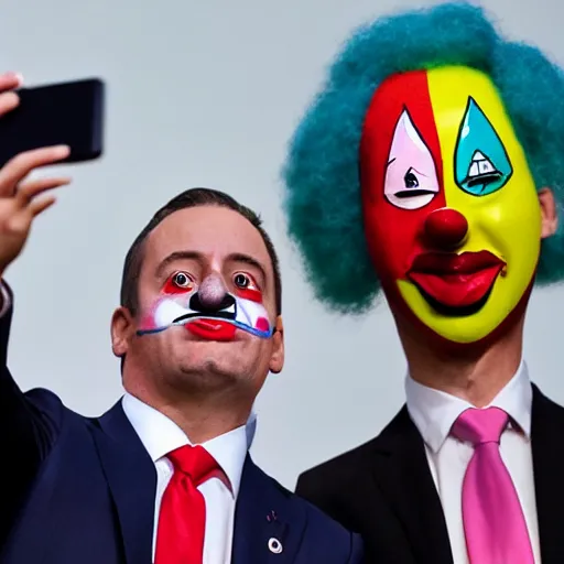 Image similar to a president with clown face taking a selfie in a podium next to an angry first minister