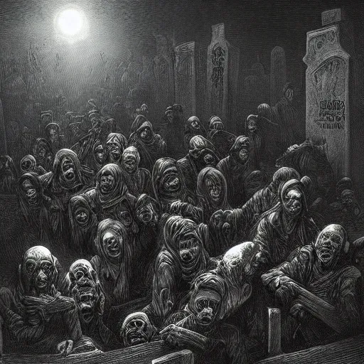 Image similar to 9 steel barrels in a cemetery of zombies, creepy atmosphere, dark, portrait, realistic, illustration by gustave dore