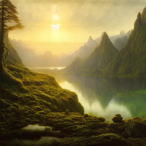 Image similar to a beautiful and highly detailed matte painting of the lost land by a beautiful lake, thick mist, sunlight, celtic, psychedelic, epic scale, insanely complex, hyperdetailed, sharp focus, hyperrealism, artstation, cgsociety, 8 k, bright colors, by caspar friedrich, albert bierstadt, james gurney, brian froud,