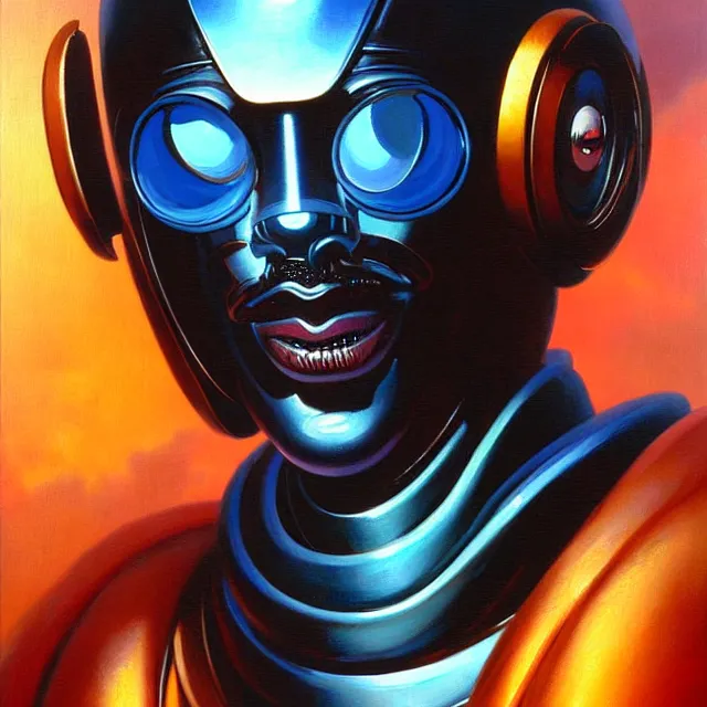 Image similar to a beautiful painting cyberpunk robot eddie murphy face, by boris vallejo realistic oil painting