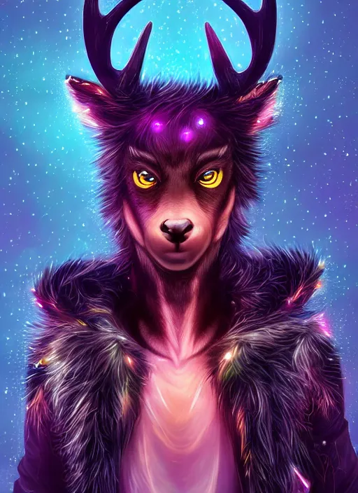 Prompt: award winning beautiful portrait commission of a male furry anthro Black Reindeer cyberpunk fursona with a tail, wings, wings, wings and a cute beautiful attractive detailed furry face wearing stylish black and rainbow galaxy clothes, outline, in a cyberpunk city at night while it rains. Character design by charlie bowater, ross tran, artgerm, and makoto shinkai, detailed, inked, western comic book art