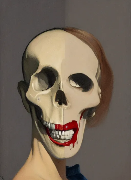 Prompt: portrait of a woman with half face skull, metal teeth upsidedown by Edward Hopper and James Gilleard, highly detailed