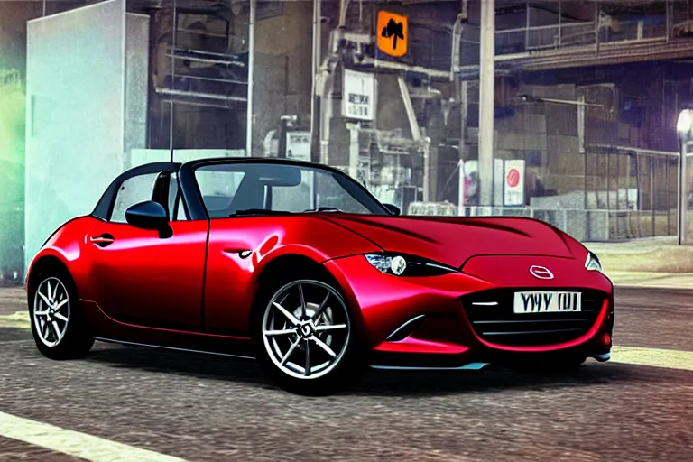 Prompt: Mazda MX-5, GTA V poster style, night