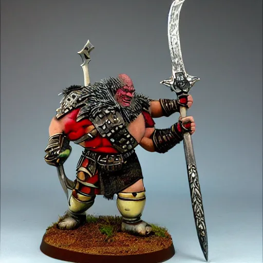 Image similar to ogre warrior wearing plated armor who is holding a battle axe in the style of warhammer fantasy : : head and torso drawing