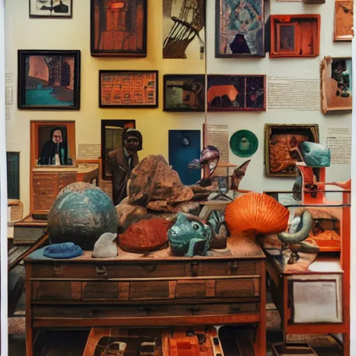 Image similar to A large format color offset photography of objects on display, anthropology of wonder, exotic artifacts, bauhaus, colonial expedition, exhibition, 60s style
