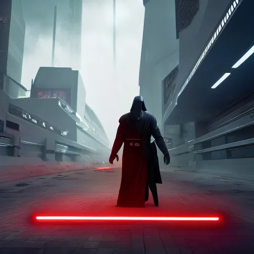 Prompt: photo of Darth Revan walking in a futuristic city in a dystopian future made of electronic components and looks like a giant pcb board. Very detailed 8k. Unreal engine 5 render with nanite, global illumination and path tracing. Cinematic post processing. Emphasize on the colors black and red.