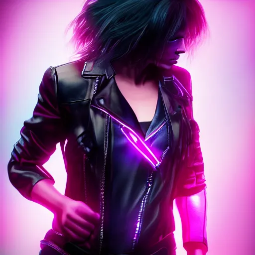 Prompt: a photo of 8k ultra realistic a black haired female in high heels and a black leather jacket, pink and blue neon, cinematic lighting, trending on artstation, 4k, hyperrealistic, focused, extreme details, unreal engine 5, cinematic, masterpiece