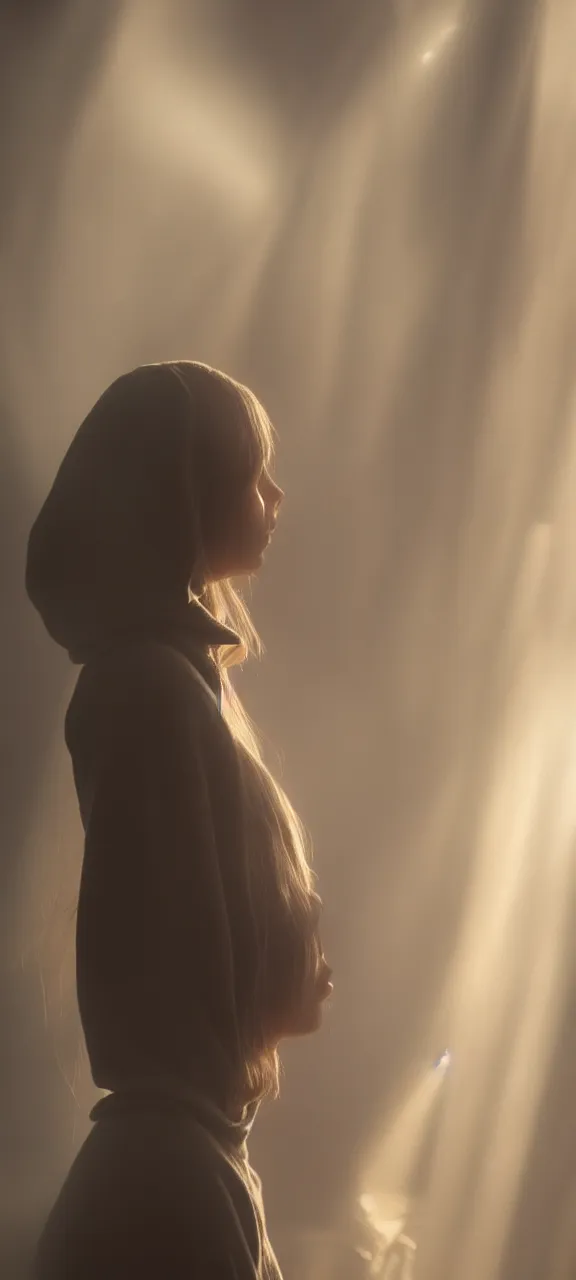 Image similar to very very beautiful mysterious profile photograph of emily skinner looking like annie leonhart in a hoodie standing next to a window god rays shining on her from the sunlight, volumetric fog, smoke, depth of field, beautiful composition, very very very beautifull face, on artstation and instagram, ray tracing