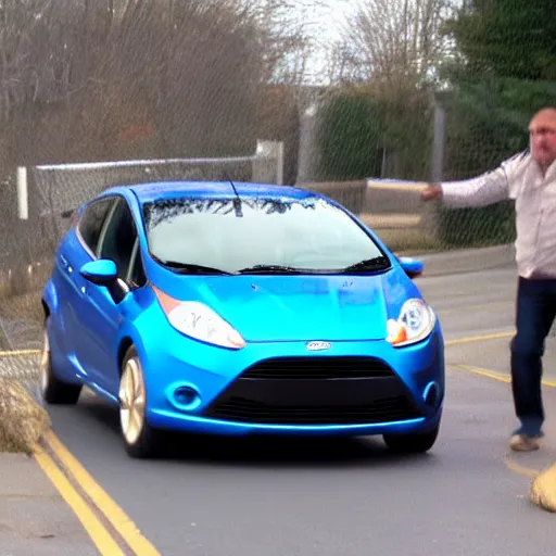 Image similar to crackhead destroying a blue 2013 ford fiesta